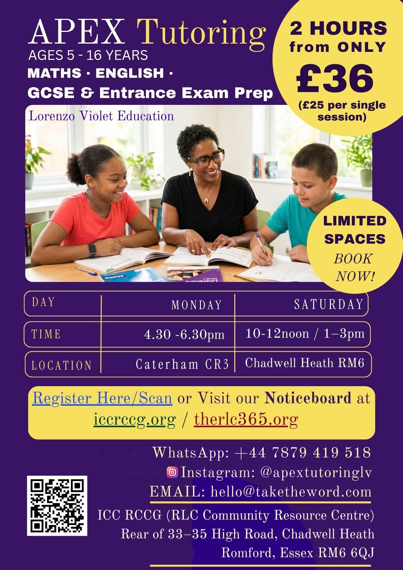 APEX Tutoring flyer: ages 5-16, Maths, English, GCSE and entrance exam prep, Mondays in Edenbridge and Saturdays in Chadwell Heath