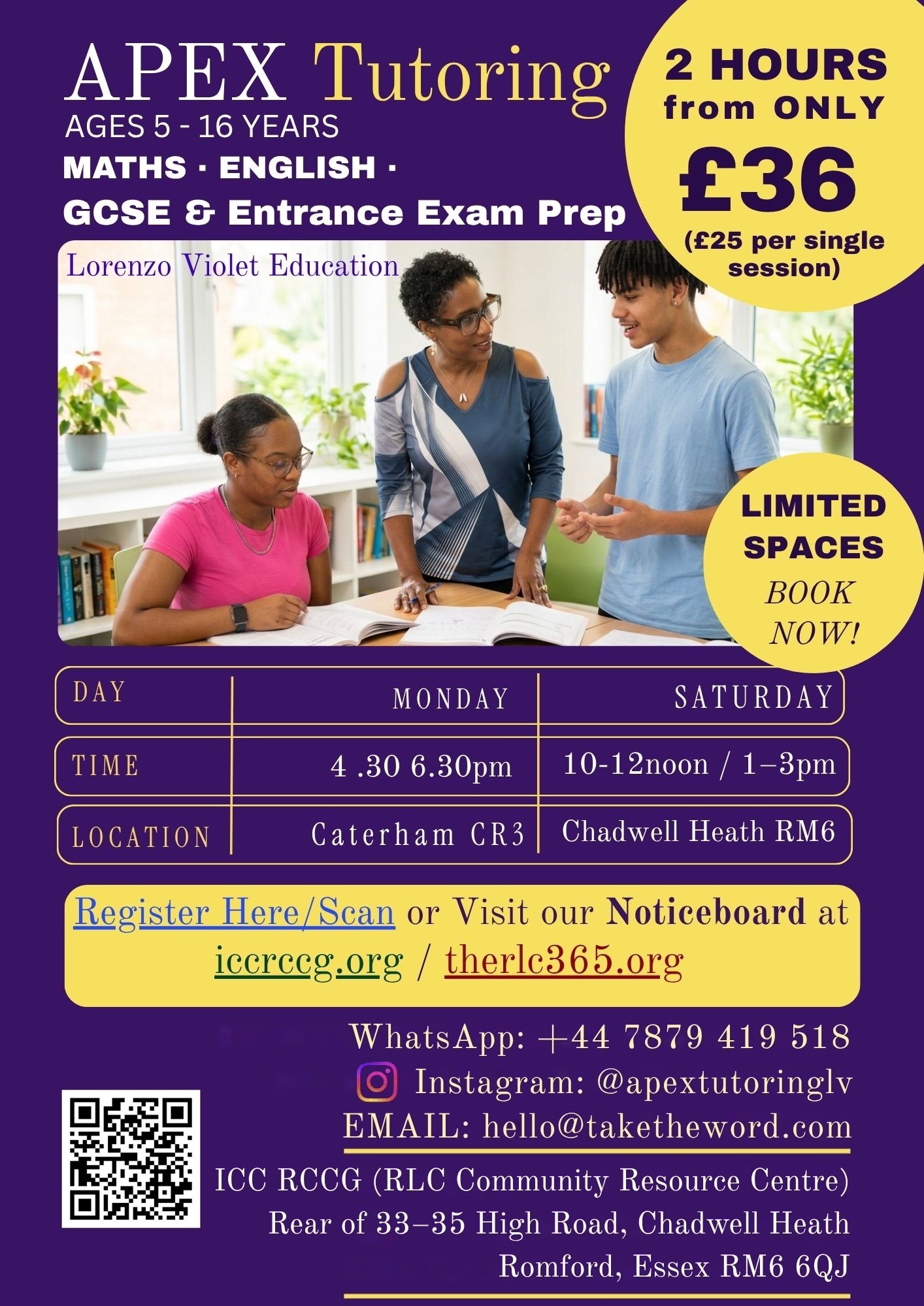 APEX Tutoring flyer: ages 5-16, Maths, English, GCSE and entrance exam prep, Mondays in Edenbridge and Saturdays in Chadwell Heath